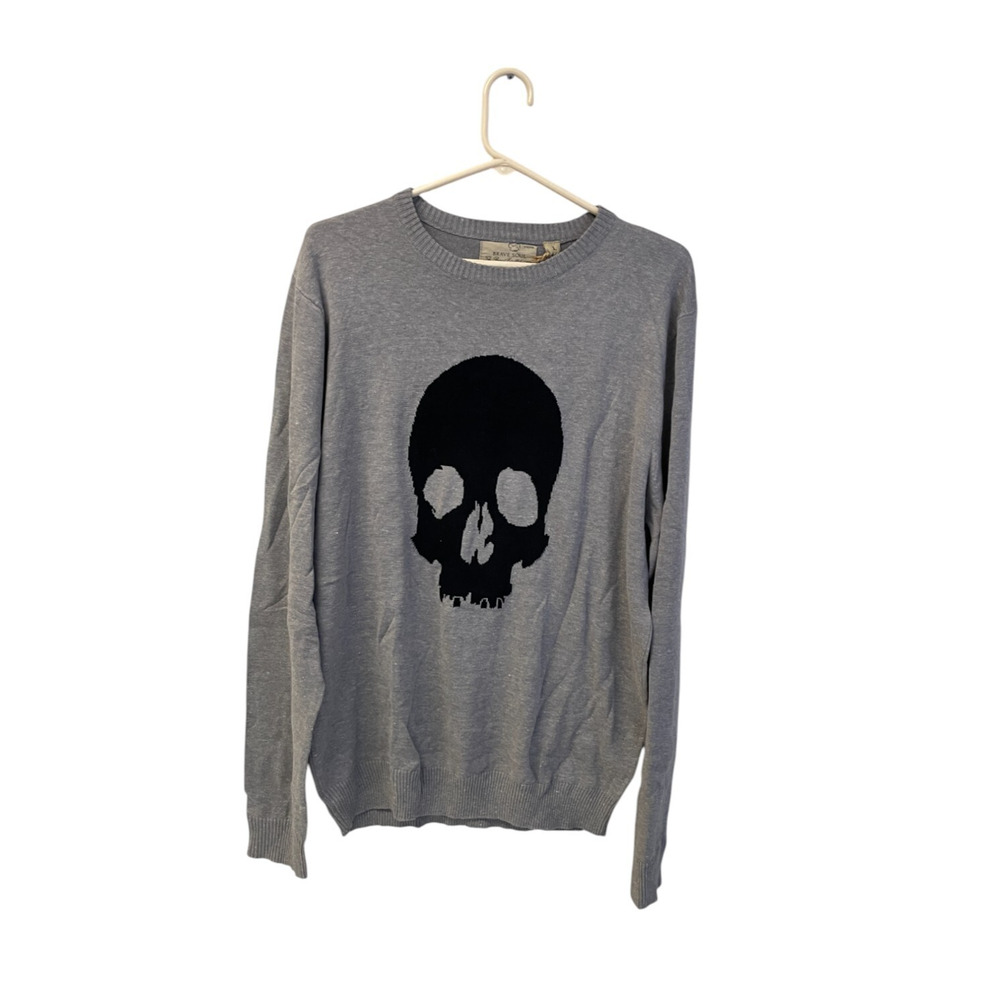 Brave Soul Gray Black Skull Crewneck Sweater Mens Pullover Long Sleeve NWT